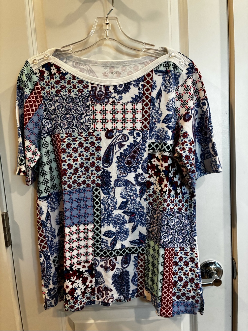 Beautiful Kim Rogers Patchwork Paisley Short Sleeve Top - Blue/White/Red